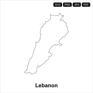 Op de afbeelding: Een zwart-wit omtrek van het land Libanon. De vorm van het land wordt weergegeven op een witte achtergrond. Het woord "Libanon" staat in zwarte tekst onder de omtrek.