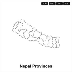 Może przedstawiać: Czarno-biała mapa konturowa Nepalu przedstawiająca granice prowincji. W prawym górnym rogu znajduje się tekst SVG, PNG, JPG, PDF. Na dole pośrodku widnieje napis Nepal Provinces pogrubioną, czarną czcionką bezszeryfową.