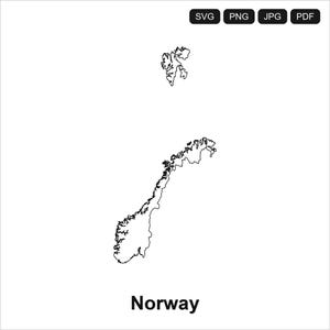 Peut inclure: Carte en noir et blanc de la Norvège, incluant le Svalbard. Le mot "Norway" est imprimé en dessous en gras, sans empattement. L'image comprend également des icônes de type de fichier pour SVG, PNG, JPG et PDF.