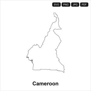 May include: A black and white outline of the country of Cameroon. The country's shape is displayed against a white background. The word "Cameroon" is written in black text below the map, along with SVG, PNG, JPG, and PDF file type icons.