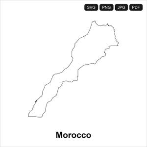 Pode incluir: Um mapa de contorno preto de Marrocos centralizado num fundo branco. Acima do mapa estão quatro botões retangulares pretos rotulados como SVG, PNG, JPG e PDF. A palavra Morocco está impressa em texto preto a negrito na parte inferior.