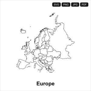 Peut inclure: Une carte en noir et blanc au trait de l'Europe montrant les frontières nationales. En haut, quatre boutons rectangulaires noirs contiennent le texte blanc SVG, PNG, JPG et PDF. Le mot Europe est imprimé en gras noir en bas de l'image.