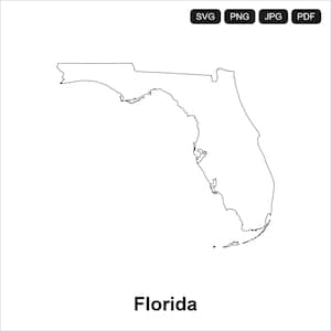 May include: A black and white outline of the state of Florida. The word "Florida" is printed in a bold, black font below the map. Above the map are the words "SVG", "PNG", "JPG", and "PDF".