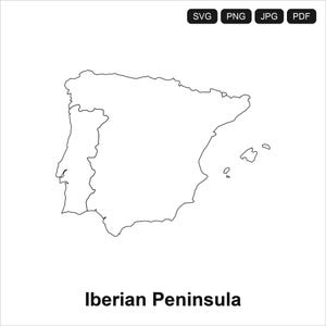 May include: A black and white line drawing of the Iberian Peninsula map. At the top right, four black rectangular buttons contain the white text SVG, PNG, JPG, and PDF. Below the map, the text Iberian Peninsula is printed in black.