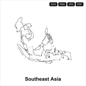Könnte beinhalten: Eine Schwarz-Weiß-Strichzeichnung der Region Südostasien, einschließlich Ländern wie Thailand, Vietnam und Indonesien. Der Text "Südostasien" ist unter der Karte abgedruckt. Das Bild enthält auch SVG-, PNG-, JPG- und PDF-Dateityp-Symbole.