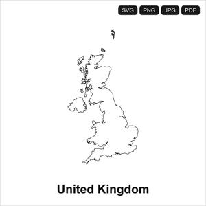 以下が含まれることがあります： 「United Kingdom」の文字の下に、白黒で描かれたイギリスの輪郭。画像には、SVG、PNG、JPG、PDFのファイル形式オプションも含まれています。