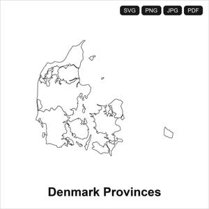 Op de afbeelding: Een zwart-wit lijntekening van de kaart van Denemarken met de provincies en interne grenzen. Rechtsboven staan vier zwarte rechthoekige knoppen met de tekst SVG, PNG, JPG en PDF. De tekst Denmark Provinces staat gecentreerd onder de kaart.