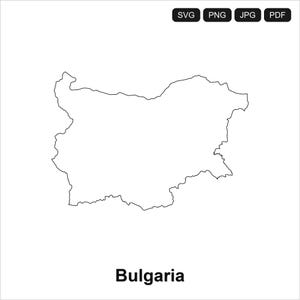 Könnte beinhalten: Eine schwarz-weiße Umrisszeichnung des Landes Bulgarien. Das Wort "Bulgaria" ist schwarz am unteren Rand des Bildes aufgedruckt. Das Bild enthält auch die Dateitypoptionen: SVG, PNG, JPG und PDF.