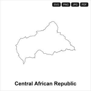 May include: A black and white outline of the Central African Republic. The country's shape is displayed against a white background. The text "Central African Republic" is printed in black below the map, along with file type icons.