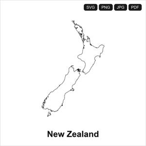 以下が含まれることがあります： ニュージーランドの白黒アウトライン。国の形は、地図の下に「New Zealand」というテキストで表示されます。画像には、SVG、PNG、JPG、PDFのファイルタイプアイコンも含まれています。