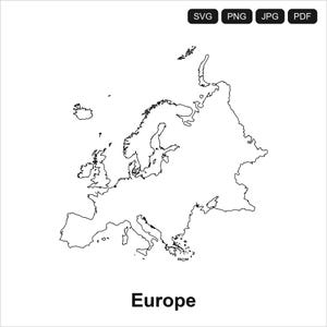 Peut inclure: Une carte en noir et blanc au trait du continent européen. Le coin supérieur droit affiche le texte SVG, PNG, JPG et PDF dans de petites boîtes noires. Le mot Europe est imprimé en caractères noirs gras au bas de l'image.
