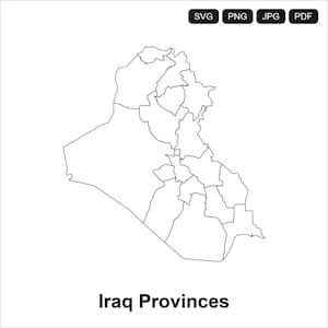 May include: A black and white line map of Iraq showing its various provinces with internal borders. At the top, four black rectangular buttons contain the text SVG, PNG, JPG, and PDF. The text Iraq Provinces is printed in black at the bottom.