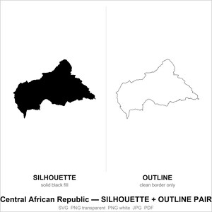 May include: A digital graphic showing the Central African Republic in two styles: a solid black silhouette and a thin black outline. Below the shapes, the text reads: SILHOUETTE solid black fill, OUTLINE clean border only, and Central African Republic — SILHOUETTE + OUTLINE PAIR SVG PNG transparent PNG white JPG PDF.