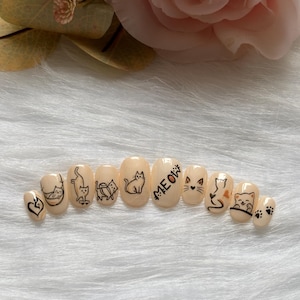 Cute Cat Nail Art Press-On Nails – Hand-Painted Cat Nail Design | Adorable Kitty & Paw Print Nails | Minimalist Aesthetic Cat Nails