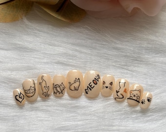 Cute Cat Nail Art Press-On Nails – Hand-Painted Cat Nail Design | Adorable Kitty & Paw Print Nails | Minimalist Aesthetic Cat Nails