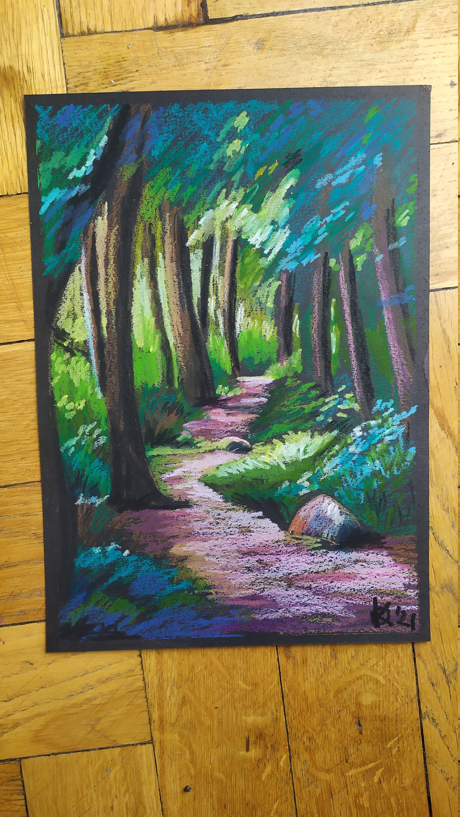 Oil Pastel Original Artwork On Black Paper A Path In The Etsy
