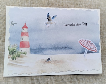 Grußkarte Genieße den Tag, Meer, Urlaub, Ruhestand, Reisen, Leuchtturm