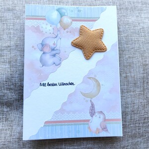 Glückwunschkarte zum Geburtstag, mit besten Wünschen, Klappkarte, Elefant, Eule, Stern