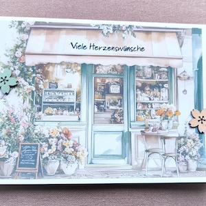 Glückwunschkarte zum Geburtstag, Klappkarte, viele Herzenswünsche, Café, Blumen