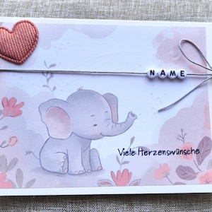 Grußkarte zur Geburt, viele Herzenswünsche, Klappkarte, personalisiert, Elefant, Herz