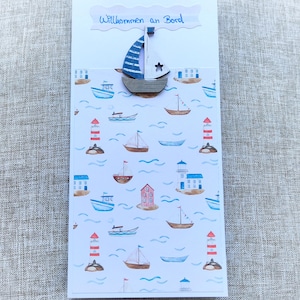 Glückwunschkarte zur Geburt, Klappkarte, Junge, Mädchen, Baby, maritim, Willkommen an Bord, Segelboot