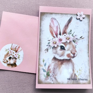 Glückwunschkarte zum Geburtstag, viele Herzenswünsche, Hase, Blumen