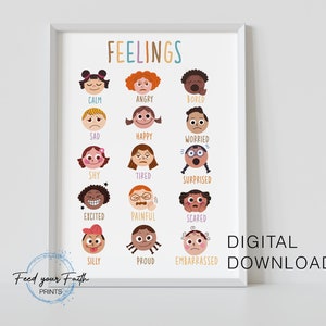 Feelings Chart Rainbow White Background, Montessori Homeschool Decor, Emotions Print, PRINTABLE Wall Art Rainbow Classroom Decor, DOWNLOAD