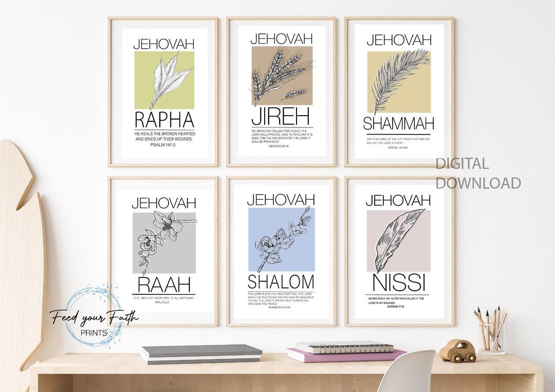 Set of 6 Christian Printable Wall Art Jehovah Jireh Rapha Shalom Shammah Nissi Raah Wall Print ...