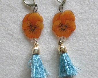 Earrings, unique earring, earring, summer jewelry, unique piece, pansies, flower, tassel, troddel, pendant