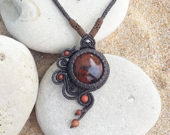 Mahogany obsidian bird necklace, micro macrame protection jewelry, braided thread nature necklace