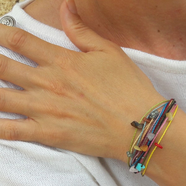 bracelet multirang pierre naturelle, bracelet fil et perles de rocaille, bracelet multicolore