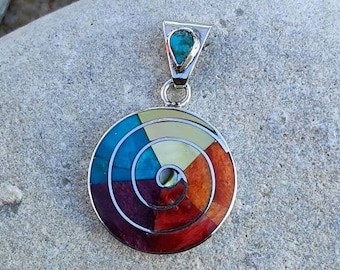 Pendentif Argent Massif Avec Cercle, Spirales Et Nacre Abalone - Bijou Occasion Bohème
