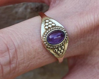 golden amethyst ring, purple stone cabochon ring, women's brass ring with natural stone, small semi-precious stone ring