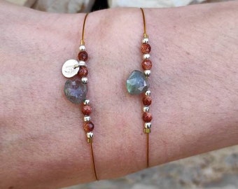 Labradorite bracelet and sunstones, initial bracelet France, small gold bracelet natural stones, personalized Christmas gift