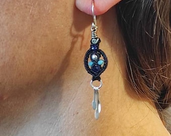 tribal fusion earrings, silver and micro macramé earrings, black and blue earrings