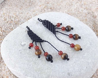 tiger eye cornaline earrings, micro macramé jewel in France, bohemian earrings, dpending pearl earring