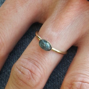 Può includere: Un anello d'oro con una pietra ovale grigio scuro. L'anello è su un dito.