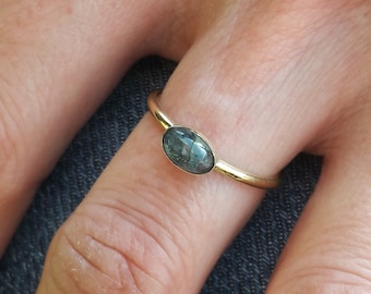 Minimalist labradorite gold ring natural stone, thin stackable labradorite brass ring