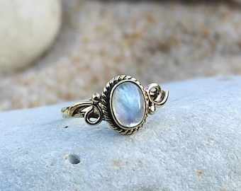 vintage brass moonstone ring, golden cabochon semi-precious stone ring, small boho gemstone ring