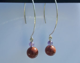 silver sunstone and amethyst earrings, boho natural stone earrings, long orange and purple earrings