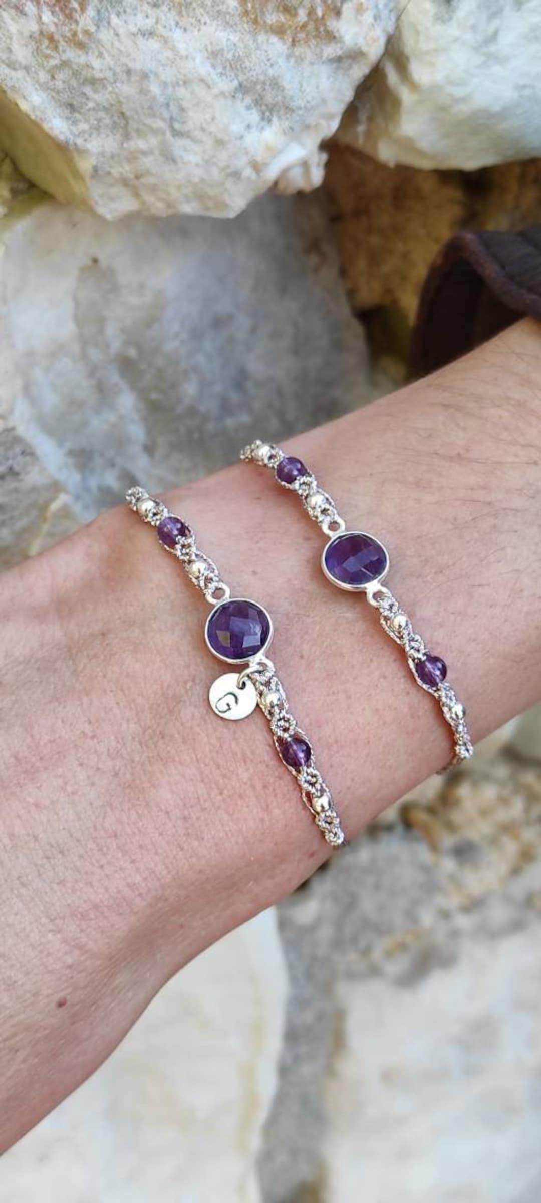 Initially Your's Blue Agate Stone Bracelet with Letter R Sterling Silver Charm