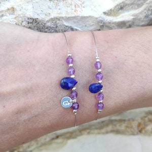 Pulsera de plata piedras naturales, pulsera inicial personalizada, pulsera de lapislázuli y amatista, joya de letra personalizable