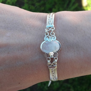 Silver and moonstone bracelet, white stone braided silver bracelet, solid silver natural stone bracelet