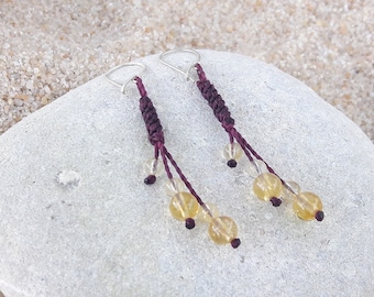 citrine woven earrings, semi-precious stone braided earrings, summer macramé earrings