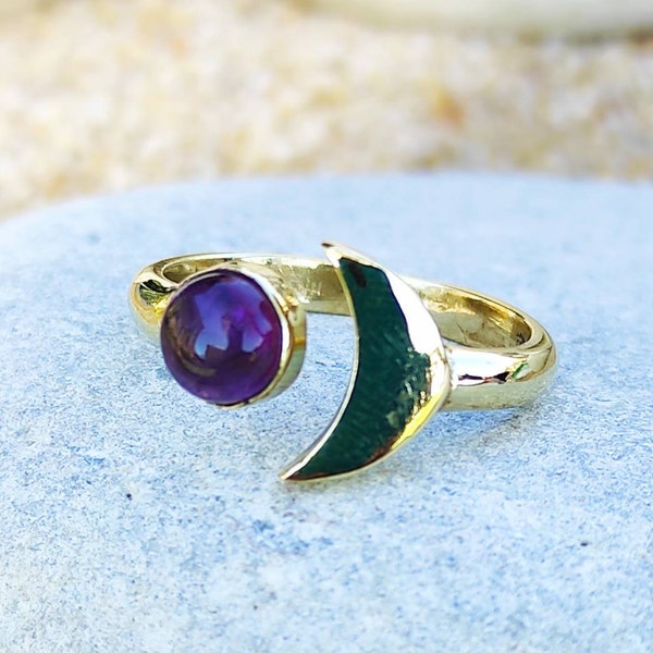 bague demi lune améthyste, bague lune pierre naturelle, bague dorée pierre semi précieuse