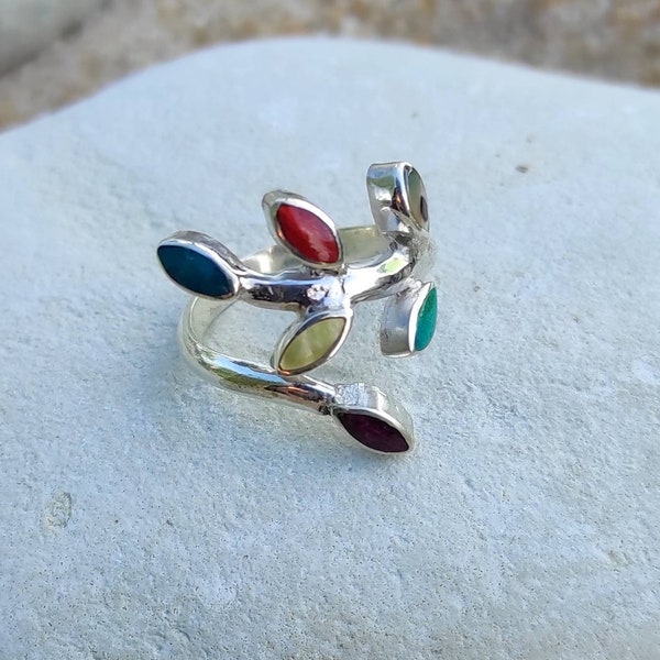 bague feuille argent pierre naturelle, bague inlay nacre spondylus, bijou créateur cadeau noël