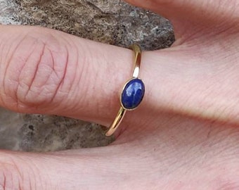 Minimalist golden lazuli lapis ring natural stone, thin stackable brass ring blue gem, small semi-precious stone ring