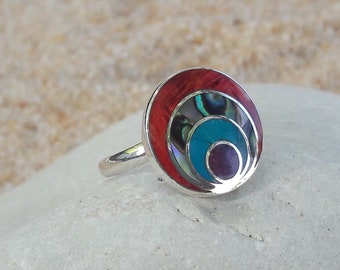 colorful silver rainbow ring, crescent ring of natural stone moon, inlay ring inlay mother-of-pearl shell