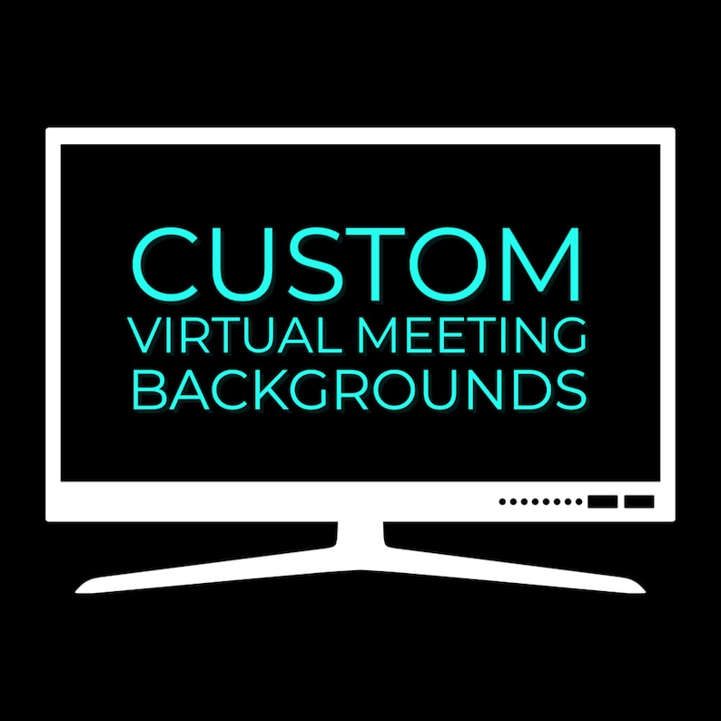 Puede incluir: Un monitor de ordenador blanco sobre un fondo negro muestra las palabras "CUSTOM VIRTUAL MEETING BACKGROUNDS" en color turquesa. El monitor tiene un bisel delgado y un soporte.