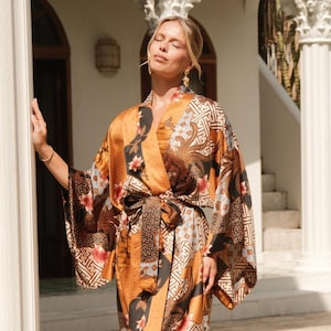 Long gold silk blend kimono robe, Floor length satin dressing gown, Honeymoon bathrobe from Bali, Gift for wife girlfriend mom sister